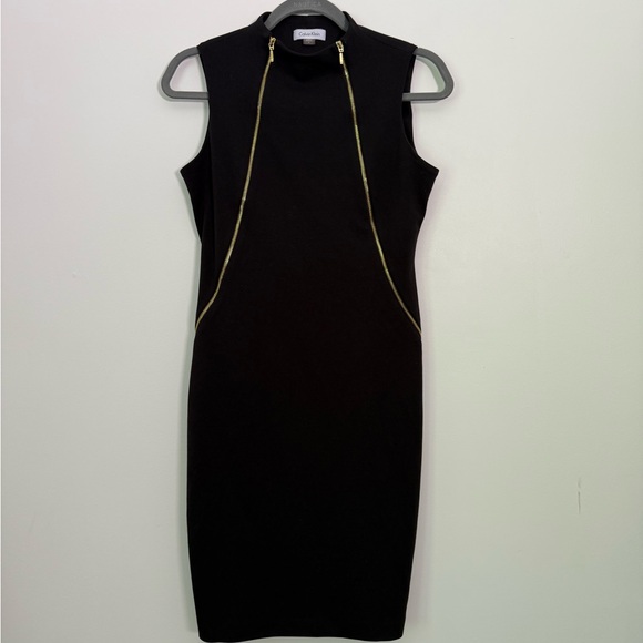 Calvin Klein | Dresses | Calvin Klein Black And Gold Zippered Sheath Midi Dress Mock Neck Sleeveless